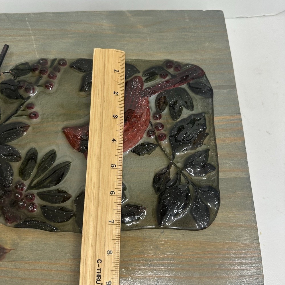 Red Cardinal Artisan Suncatcher Metal Decor Hanger 9" X 7" Holly Branch Glass - Picture 14 of 14